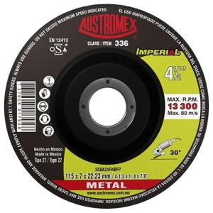 336 DISCO CON CENTRO DEPRIMIDO PARA DESBASTE DE METAL IMPERIAL TIPO 27 GRANO 24 (4-1/2"X1/4"X7/8") AUSTROMEX