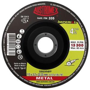 335 DISCO CON CENTRO DEPRIMIDO PARA CORTE DE METAL IMPERIAL TIPO 42 GRANO 24 (4-1/2"X1/8"X7/8") AUSTROMEX